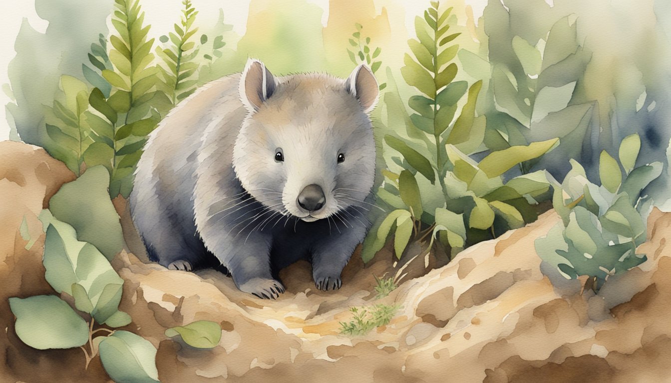 Wombat emerging from burrow in watercolor forest.