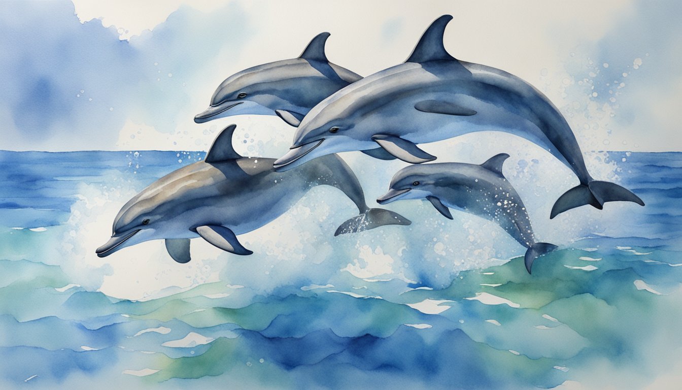 Watercolor painting of dolphins leaping in ocean waves.