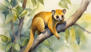 Kinkajou perched on tree branch, lush watercolor foliage background.