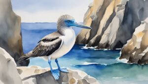 Blue-footed booby on rocky coastal cliff painting.