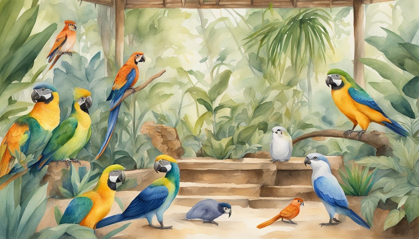 Colorful parrots in lush tropical watercolor setting.