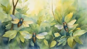 Watercolor painting of bees flying among sunlit leaves.