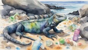 Iguana amidst colorful plastic pollution on rocky beach.