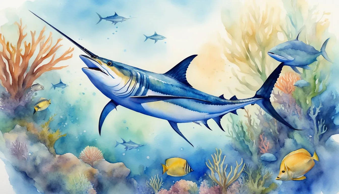 Colorful watercolor of marlin in vibrant underwater scene.