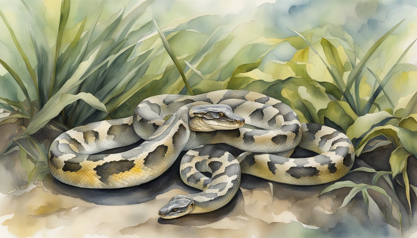 Watercolor illustration of snakes among green foliage.