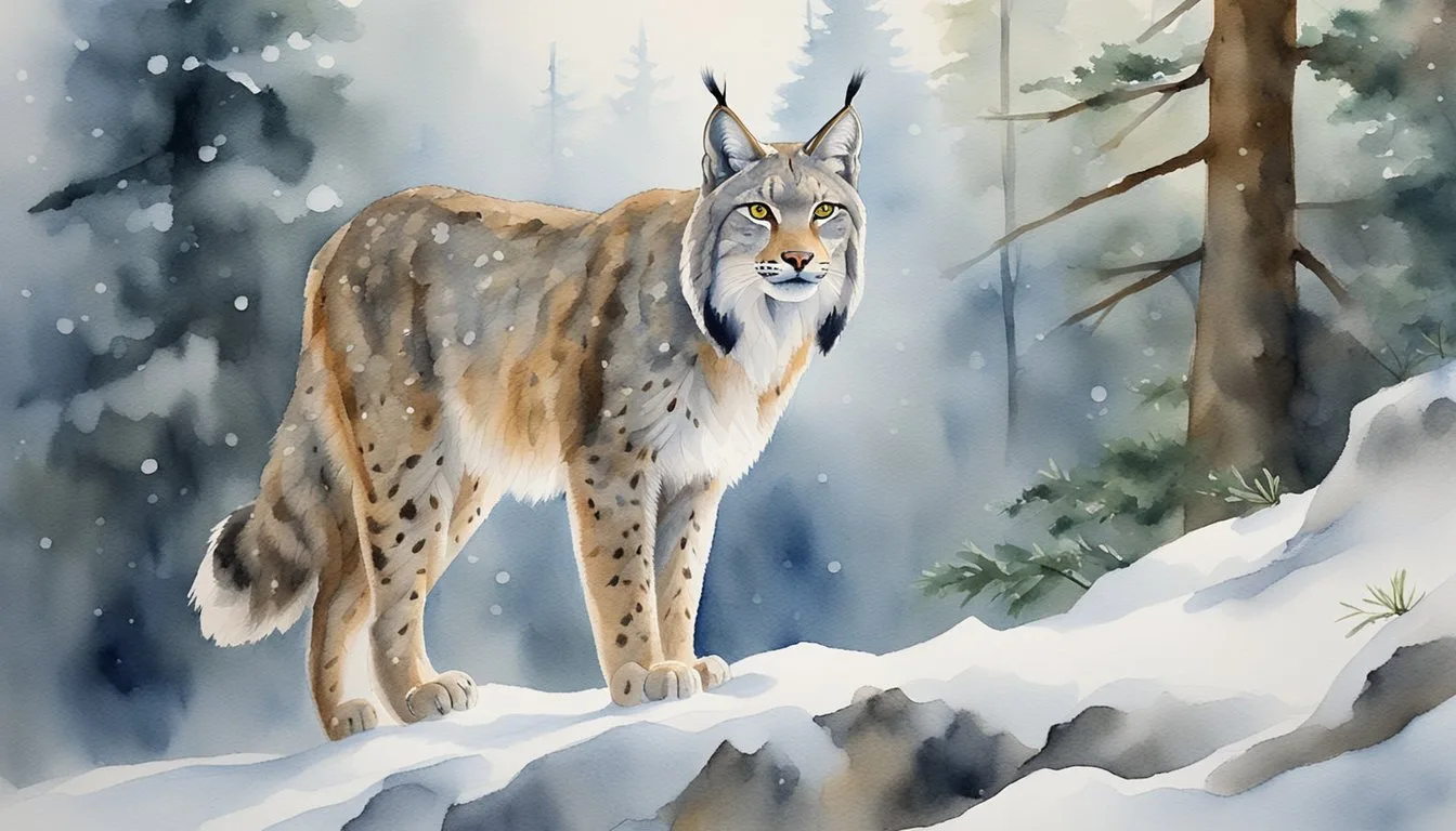 Lynx in snowy forest, watercolor illustration.