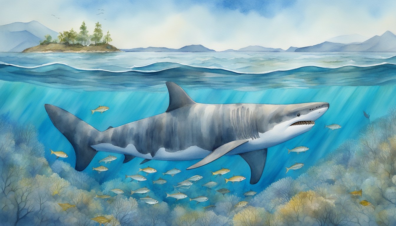 Watercolor of shark swimming near coral reef and island.