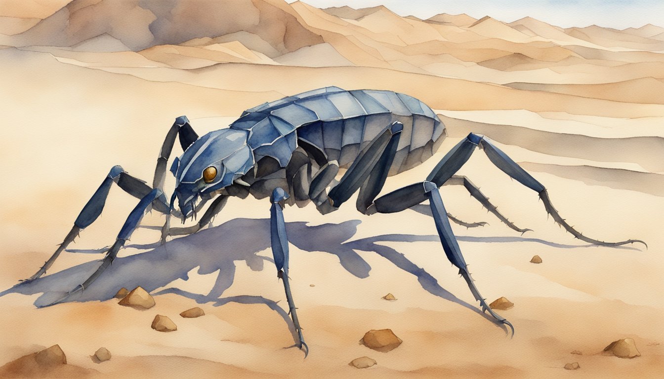 Watercolor illustration of mechanical scorpion in desert setting.