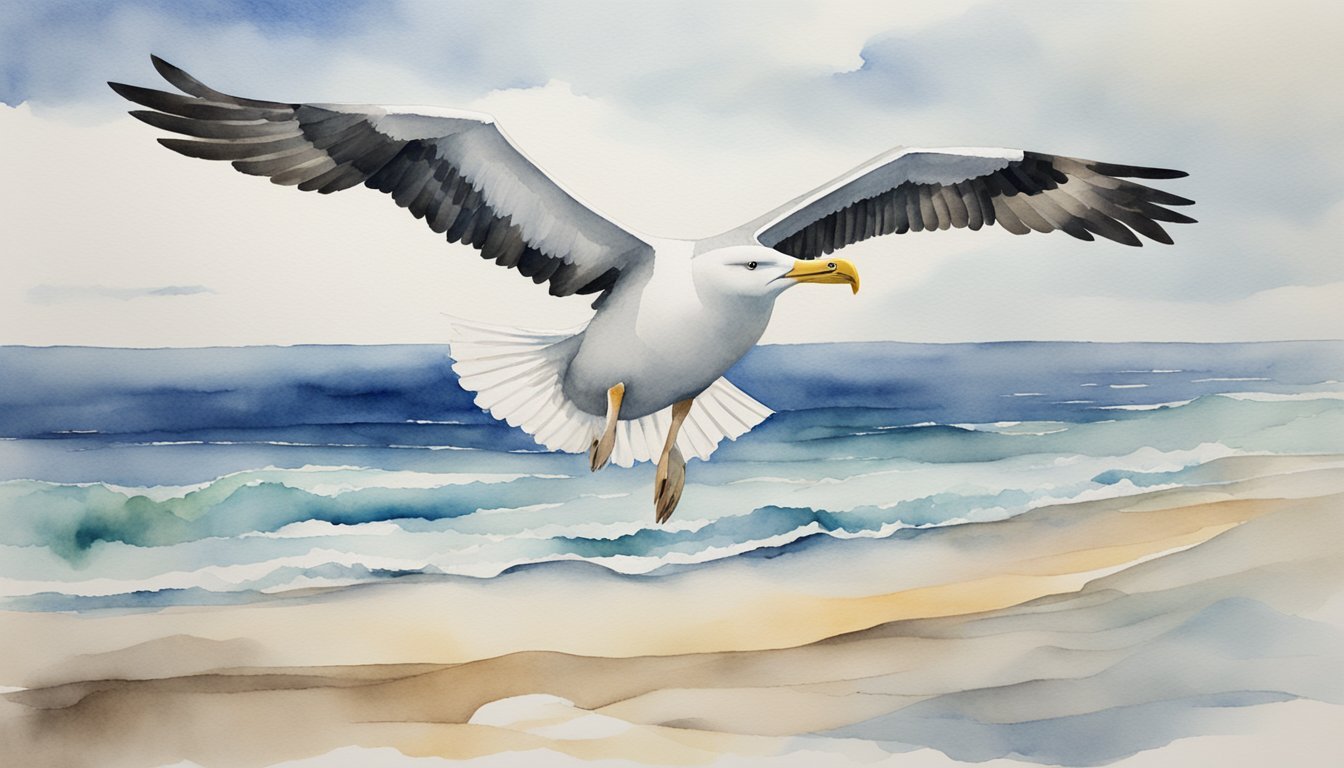 Seagull flying over serene beachscape watercolor.