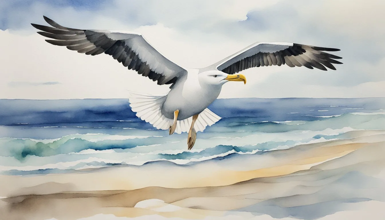 Seagull flying over serene beachscape watercolor.