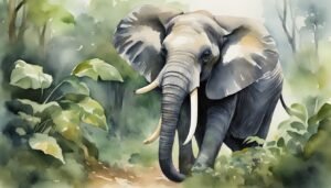 Watercolor painting of an elephant in a lush forest.