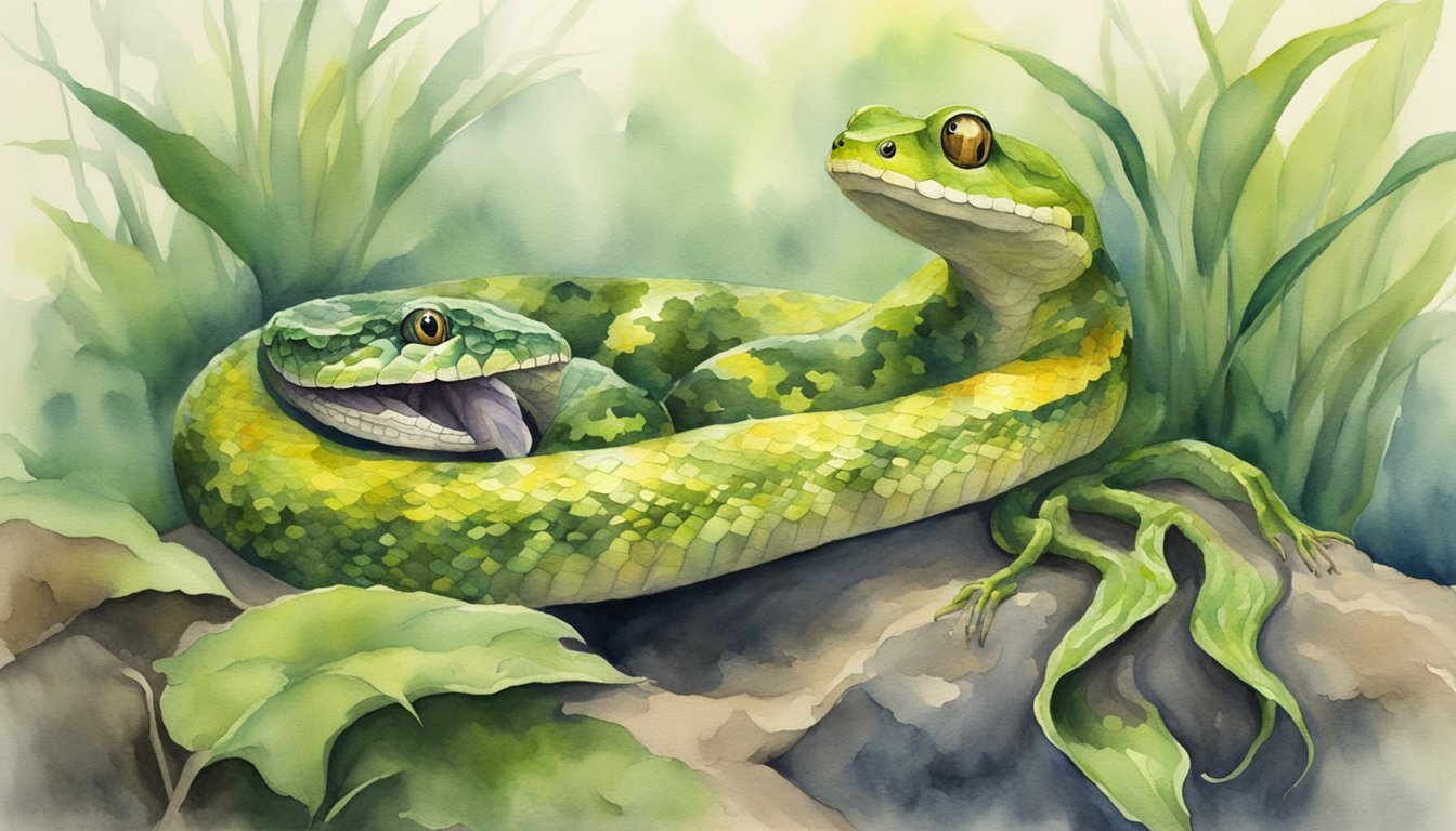 Watercolor painting of two green snakes in lush foliage.