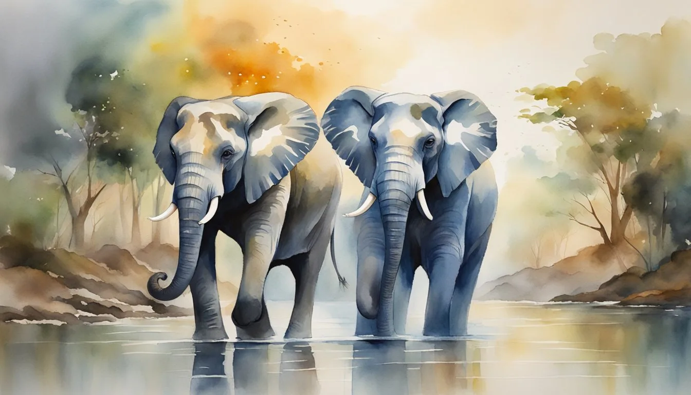 Watercolor painting of two elephants by a river.
