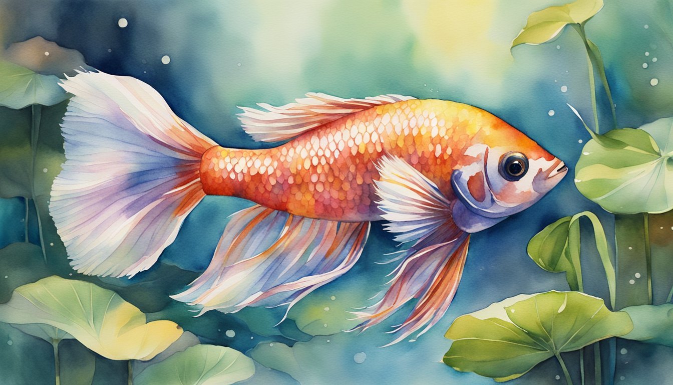 Colorful Betta fish in a watercolor aquatic setting.