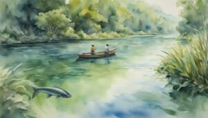 Two people fishing in boat on tranquil forest river.