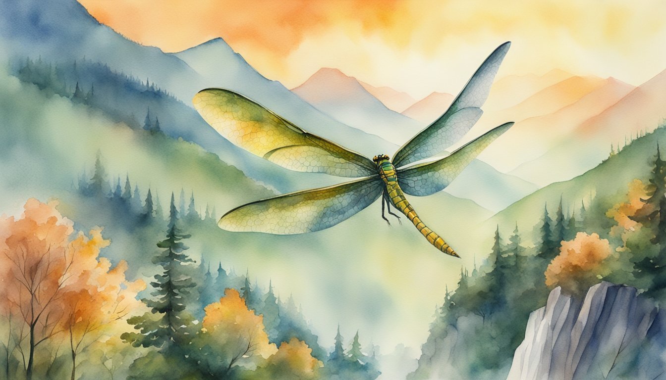 Watercolor dragonfly soaring over misty mountain landscape