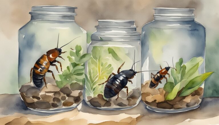 Three glass jars containing cockroaches and plants, watercolor.