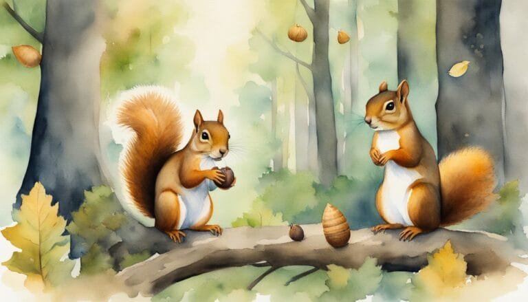 Two squirrels with acorns in autumn forest.