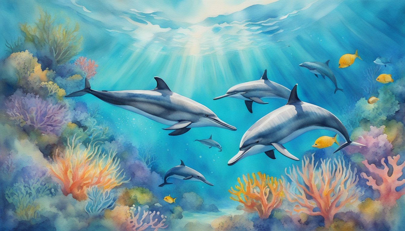 Dolphins swimming in vibrant underwater coral reef scene.