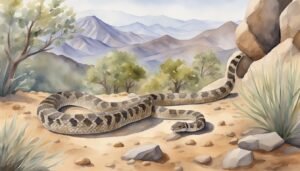 Watercolor painting of a rattlesnake in desert landscape.