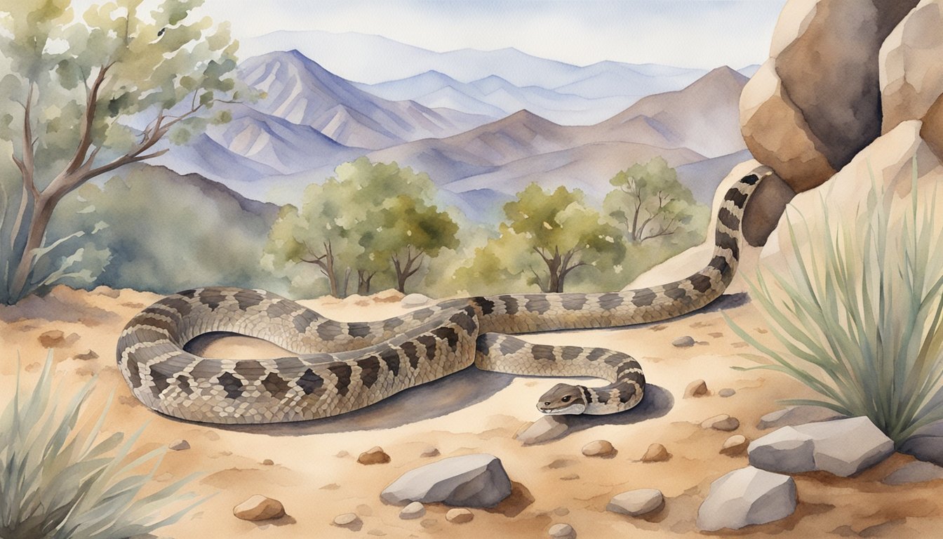 Watercolor painting of a rattlesnake in desert landscape.