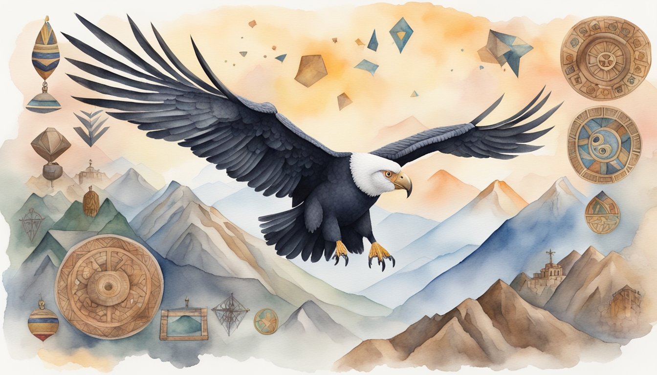 Eagle flying over mystical mountains with floating artifacts.