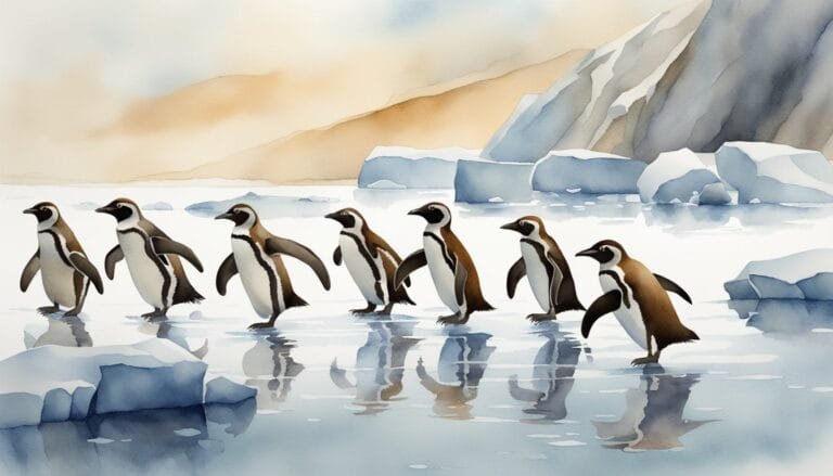 Watercolor of penguins walking on icy landscape.