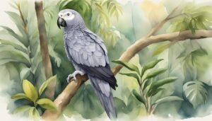 Grey parrot perched in lush tropical forest watercolor