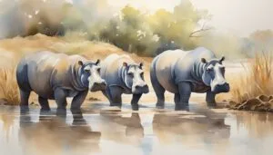 Watercolor painting of three hippos in serene waterscape.