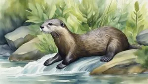 Otter on riverbank among lush green foliage.