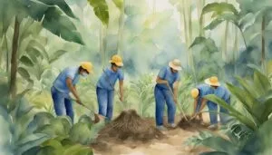 Farmers planting in lush, tropical forest.