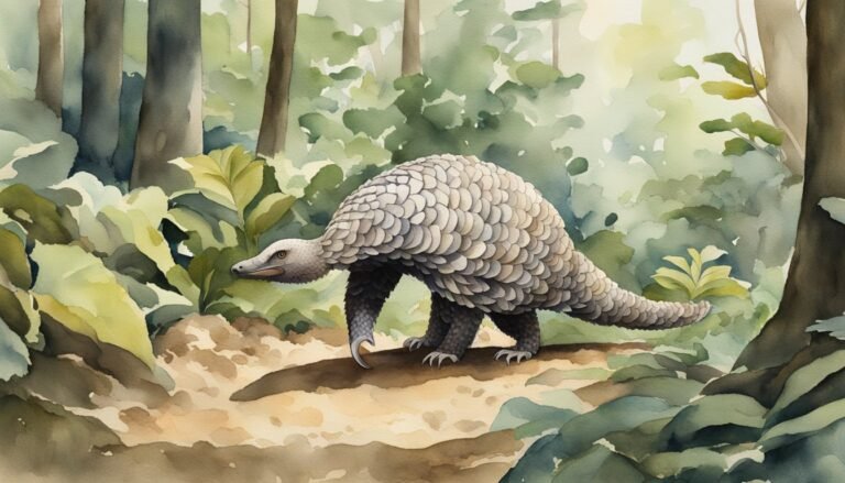 Watercolor painting of a pangolin in a forest.