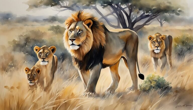 Lion family in savannah, artistic watercolor illustration.