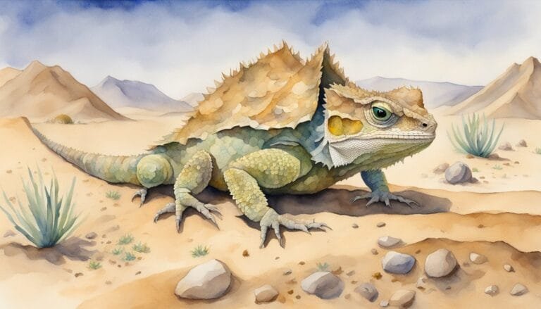 Watercolor painting of horned lizard in desert.