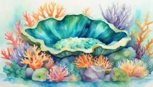 Colorful watercolor coral reef and giant clam illustration.