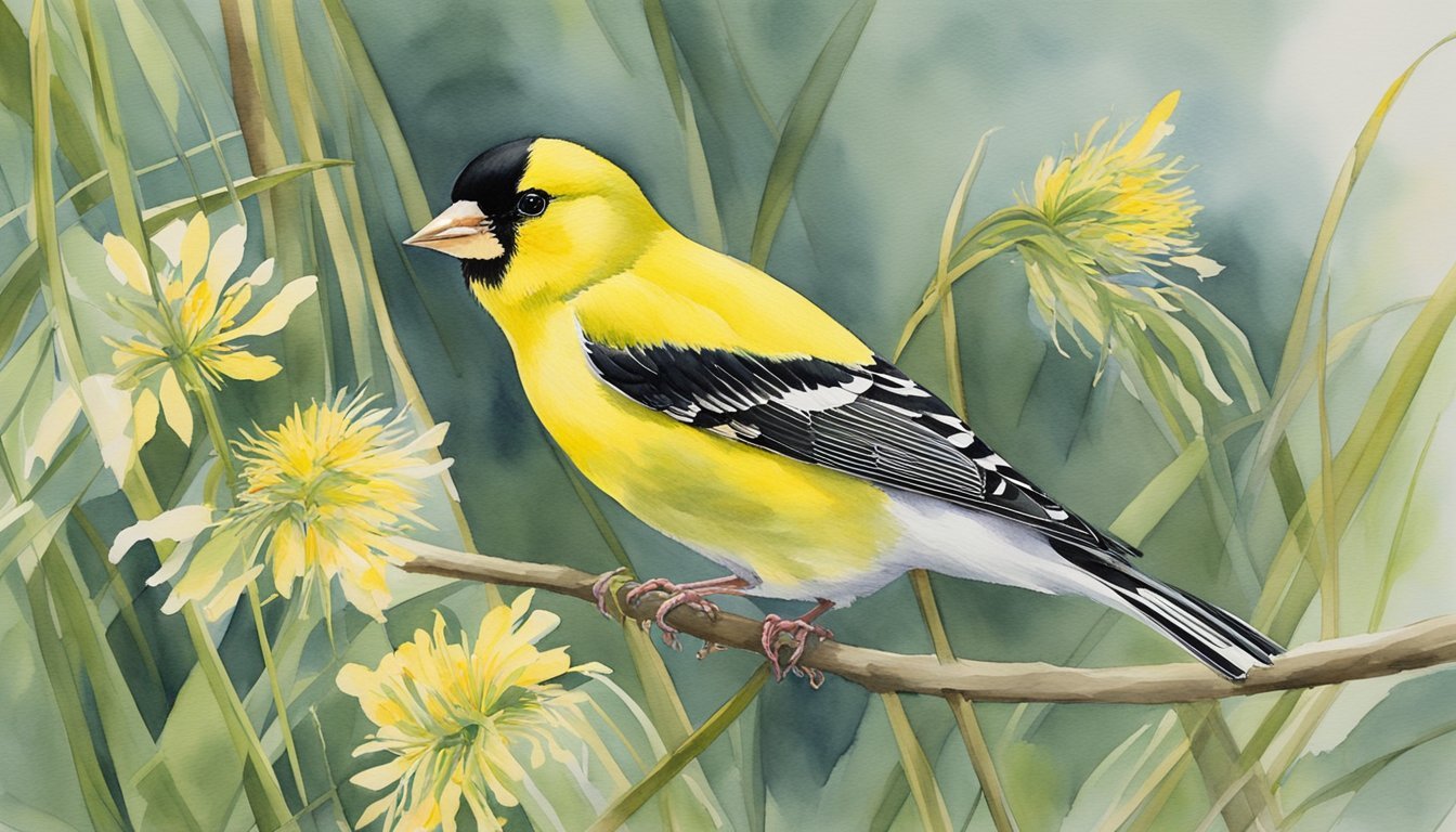 Yellow finch on branch amidst dandelions, watercolor painting.