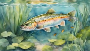 Watercolor painting of trout swimming among underwater plants