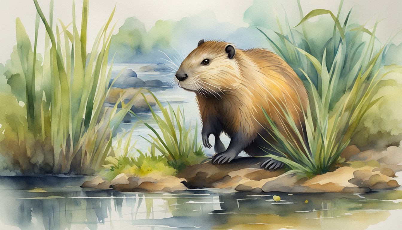 Watercolor painting of a beaver by tranquil river.