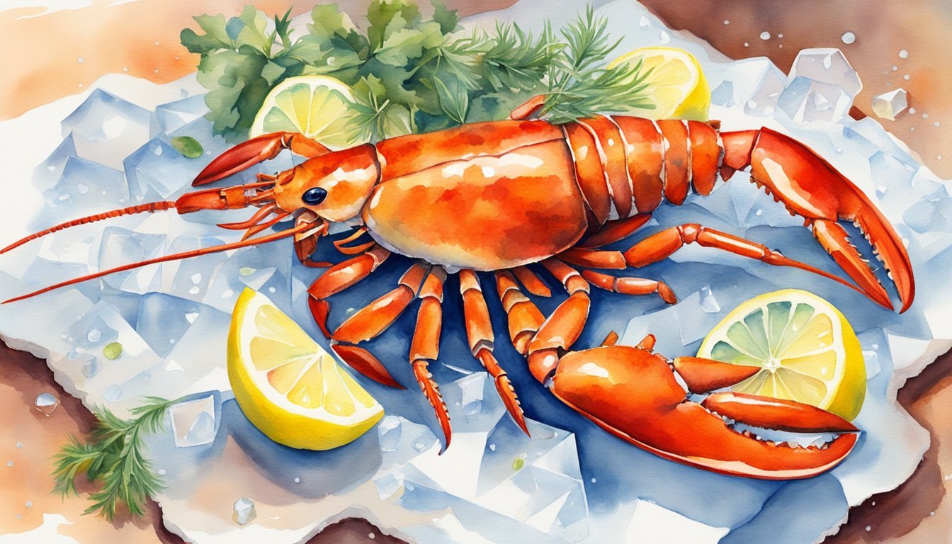 Watercolor painting of lobster with lemons and herbs.