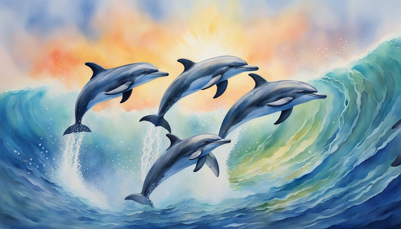 Dolphins leaping gracefully over ocean waves at sunset.