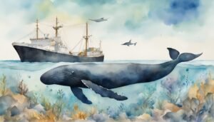 Whale and ship in serene ocean watercolor illustration