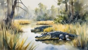 Watercolor painting of alligators by a marshland.