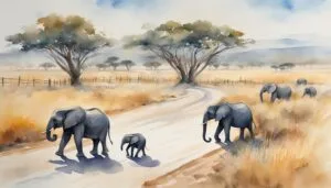 Watercolor painting of elephants on a savannah path.