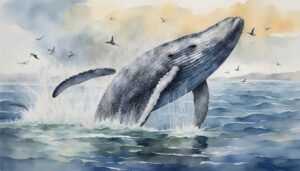 Watercolor painting of a humpback whale breaching with birds.