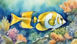 Watercolor painting of a yellow fish in coral reef.