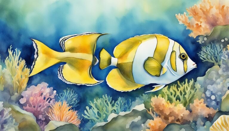 Watercolor painting of a yellow fish in coral reef.