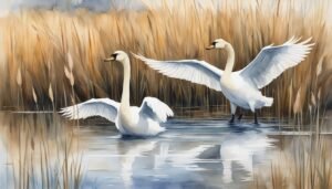 Two swans on water, one with spread wings, reeds background.