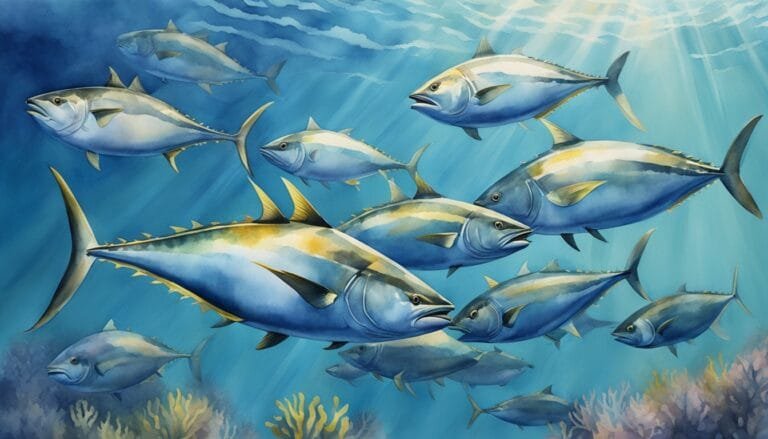 School of tuna swimming underwater with sunbeams.