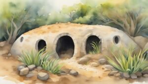 Watercolor illustration of a hobbit-style burrow in a forest.