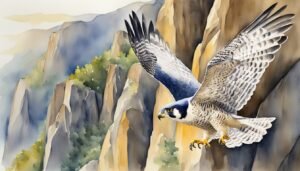 Peregrine falcon soaring over rocky canyon.